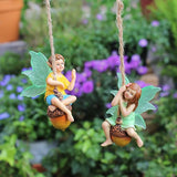 2PCS Hanging Fairies Garden Statue Decoration Boy & Girl Figurines Sitting on an Acorn with Luminous Wings Resin Micro Landscape Ornaments for Outdoor Farmhouse Patio Yard Tree Decor (D)