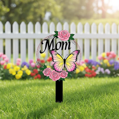 Butterfly Memorial Grave Stake for Mom - Metal Cemetery Decoration with MOM Letters, Sympathy Grave Marker, Rust-Resistant Outdoor Tribute(Butterfly Mom)