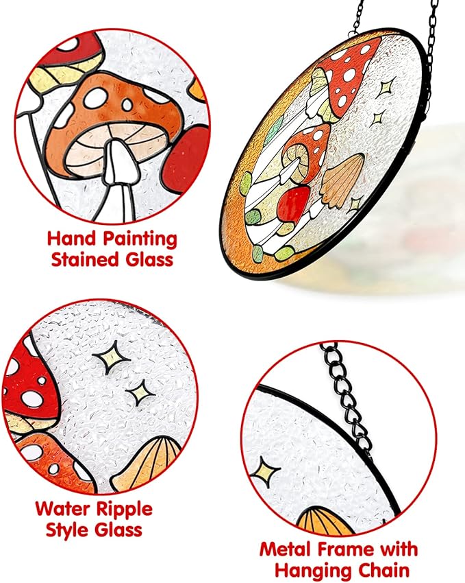 Tuitessine Mushroom Stained Glass Suncatcher, Hand-Painted Toadstools Window Hanging Decorative Glass Panel for Home & Garden, Boho Nature Gift for Women & Housewarmings