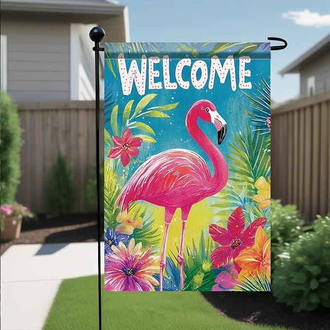 Spring Summer Garden Flag 12x18 Inch Welcome Flamingo Tropical Floral Jungle Design Outdoor Yard Porch Lawn Garden for Seasonal Coastal Farmhouse Home Decor