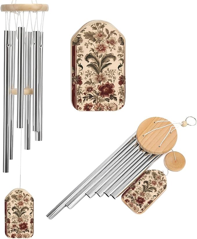 Wind Chimes for Outside,Red Stripes and Flowers Printed Cute Aluminium Windchimes Outdoors,Soothing Melodic Memorial Wind Chime for House Porch Patio Garden Balcony Decor