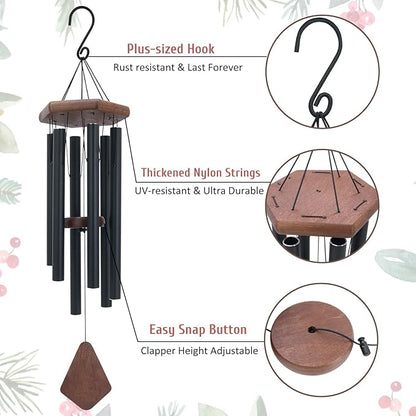 Wind Chimes for Outside, Black Aluminum Wind Chime with Wind Catcher, Garden & Patio Outdoor Decor, Deep Tone Tuned Windchimes, for Men and Women, Box Included