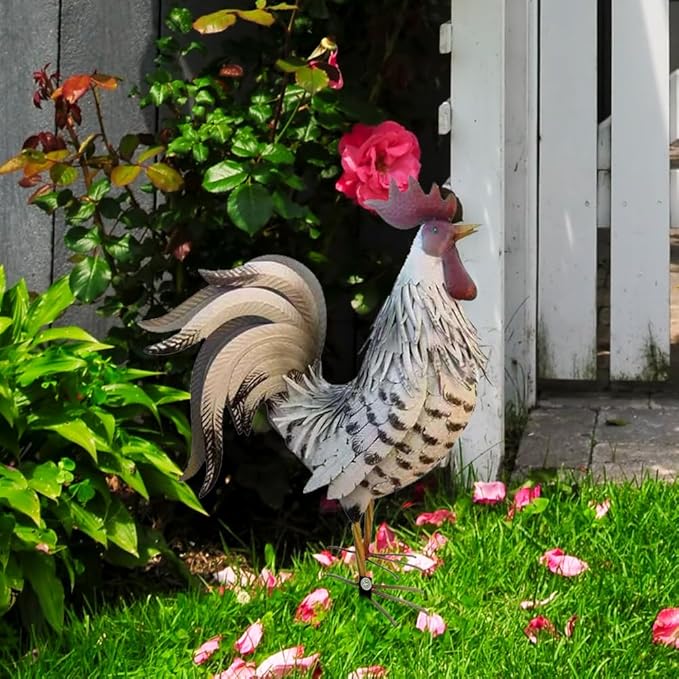 Rooster Garden Statue,12 in 2D Graphic Design Metal Rooster Decor Garden Statue with Stakes,Standing Small Metal Chicken Yard Decor Figurines,Patio Backyard Lawn Home Chicken Sculpture(Not 3D)