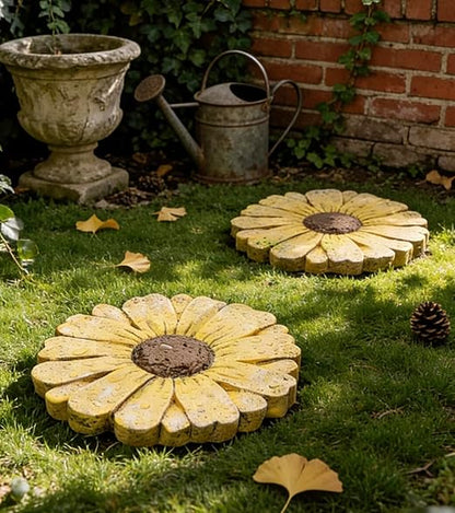 Landoraloria Cement Flower Stepping Stone 10” Daisy Garden Path Stone for Yard & Walkway Handcrafted Non-Slip Outdoor Patio Decor Weather-Resistant Cement Stone (White)