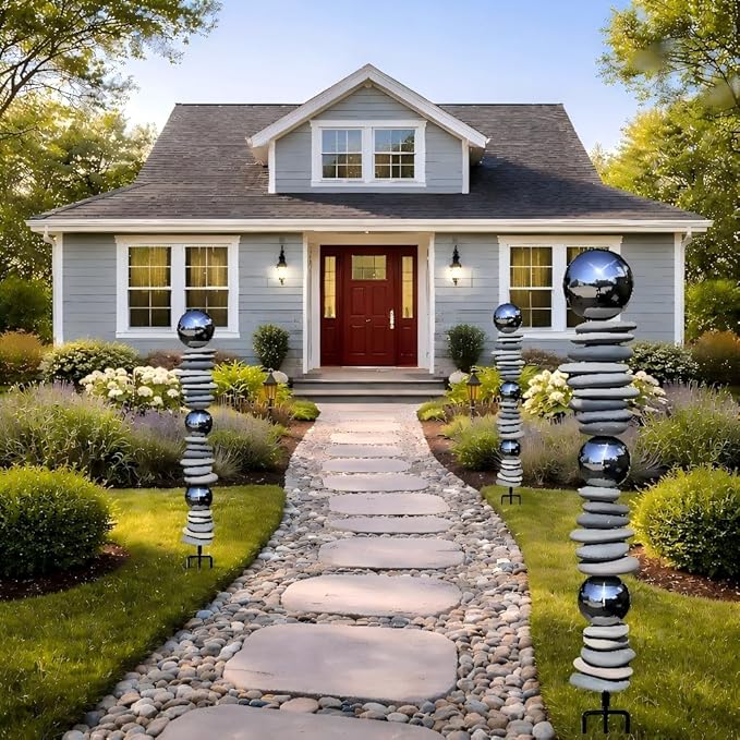 Zen Garden Ourdoor Decor - 32" Rock & Stainless Steel Sphere Sculpture Stake, Modern Yard Art for Landscape, Patio, or Pathway