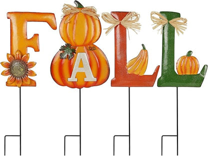 Juegoal 4 Pcs Fall Decorative Garden Stakes, 24 Inch Letter Metal Yard Sign with Pumpkins, Outdoor Art Stake for Thanksgiving Decorations Autumn Harvest Patio Lawn Walkway, Style A