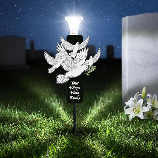 Solar White Dove Memorial Stake - Your Wings were Ready - Waterproof Metal Grave Markers - Cemetery Sympathy Gift with Olive Branch(White Doves)