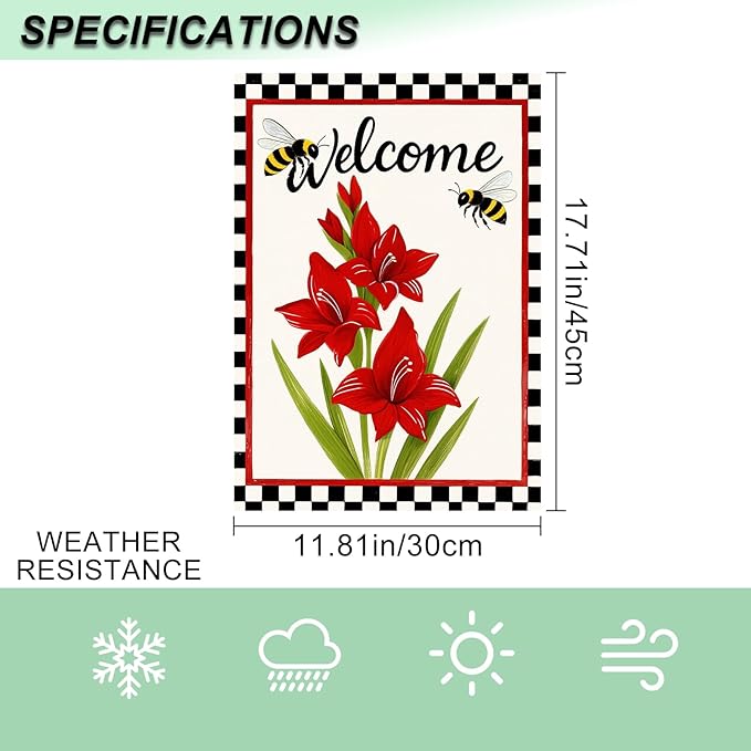 IVN Welcome Garden Flag 12x18 Inch Double Sided Spring Summer Garden Yard Flags Red Amaryllis Flowers Bees Decorative Small Flags for Outdoor Seasonal Front Door Lawn Porch Patio Decor Yard Flag