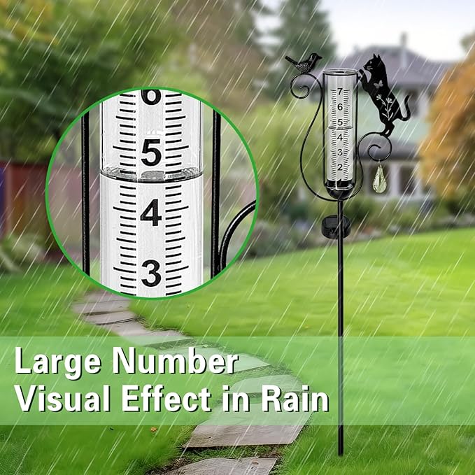 Rain Gauge Outdoor,Decorative Metal Black Cat and Bird Solar Light Stake with Rain Gauges Best Rated for Yard,Garden,Lawn, Pathway, 7" Glass Tube
