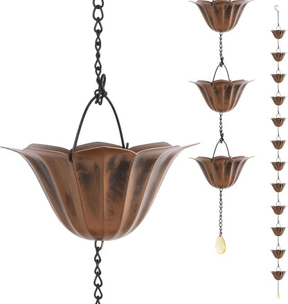 9FT Lotus Rain Chain, Rain Chains for Gutters with 12 Cups, Adjustable Rain Catcher Chain with Bell for Eaves Drainage, Replacement for Downspout