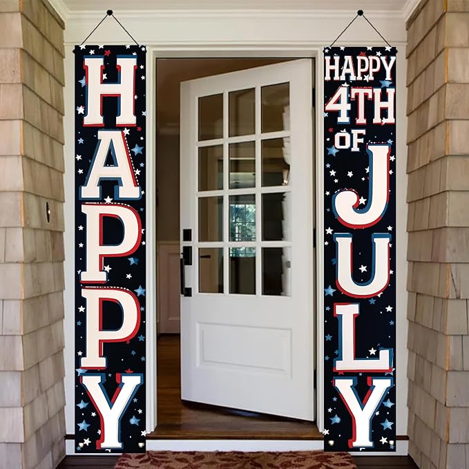 4th of July Porch Banners 71x12 Inch Patriotic Independence Day Decorations Red White Blue Hanging Door Signs American Flag Stars Stripes Outdoor Home Decor Memorial Day Party Supplies