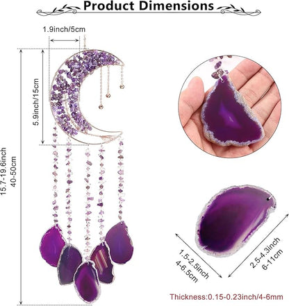 Yoption Amethyst Moon Tree of Life Agate Slice Wind Chime, Handmade Healing Crystal Stone Wind Chime for Home Wall Garden Decorative Ornament, Unique Gift