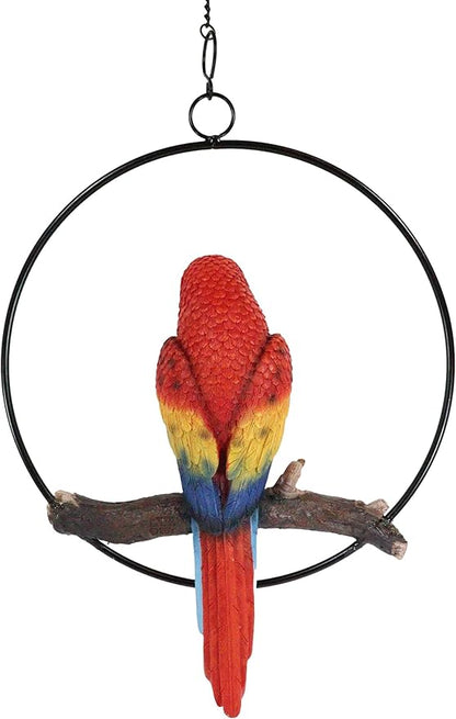 Ebros Patio Home Garden Hanging Scarlet Macaw Parrot Perching on Branch in Metal Round Ring Figurine Sculpture Nature Lovers Tropical Bird Collectors Decor 13.5" H
