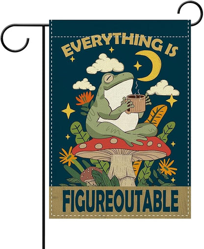 Dyrenson Inspirational Frog Everything is Figureoutable Decorative Garden Flag, Motivational Mushroom Yard Outside Home Decoration, Funny Positive Farmhouse Outdoor Small Decor Double Sided 12 x 18