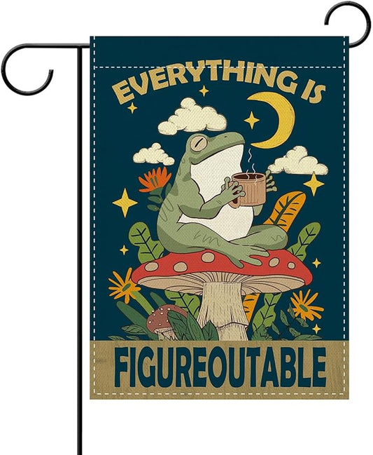 Dyrenson Inspirational Frog Everything is Figureoutable Decorative Garden Flag, Motivational Mushroom Yard Outside Home Decoration, Funny Positive Farmhouse Outdoor Small Decor Double Sided 12 x 18