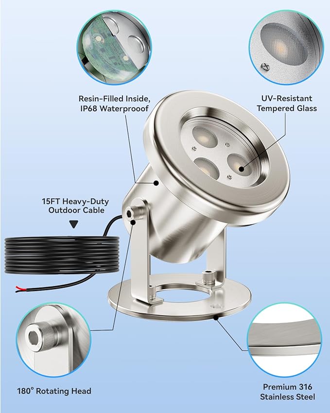 6W LED Pond Light, 2700K SS316 Stainless Steel Underwater Fountain Light with 15FT Cord, IP68 Waterproof Pond Lights LED Underwater for Outdoor Pond Waterfall Fountain Water Feature (2 Pack)
