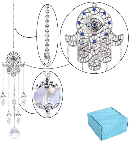 19inch Hanging Crystal Blue Evil Eye Protection Pendant Hamsa Hand Suncatcher Angel Wing Decor for Christmas Tree Prism Sun Catchers Indoor Window Decoration Charm