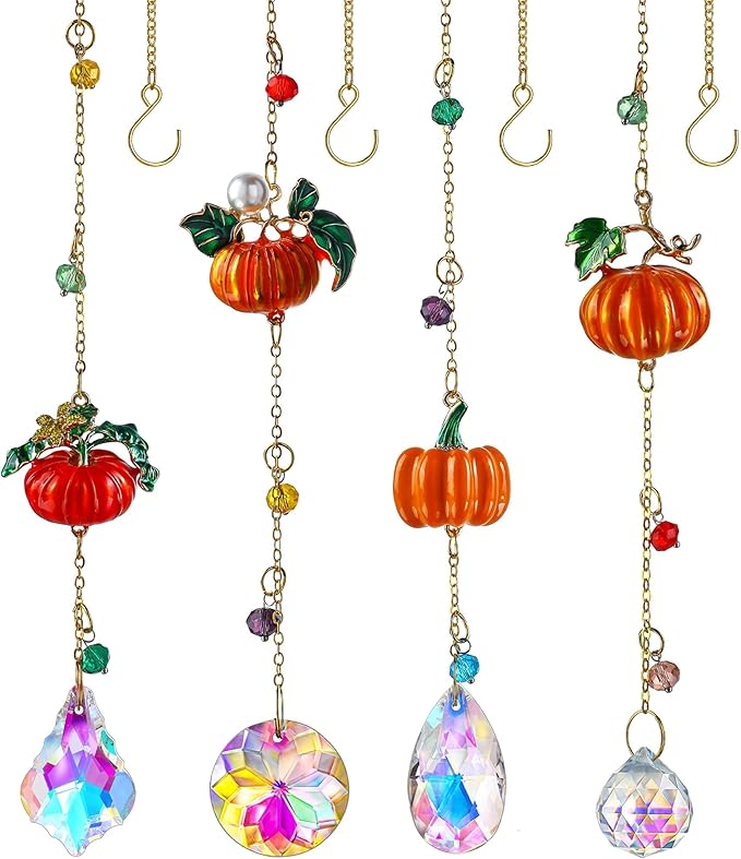 HDCRYSTALGIFTS Set 4 Fall Pumpkin Suncatchers Crystals Sun Catchers Indoor Window Hanging Thanksgiving Christmas Tree Decorations for Farmhouse Harvest Autumn Xmas Home Party Decor