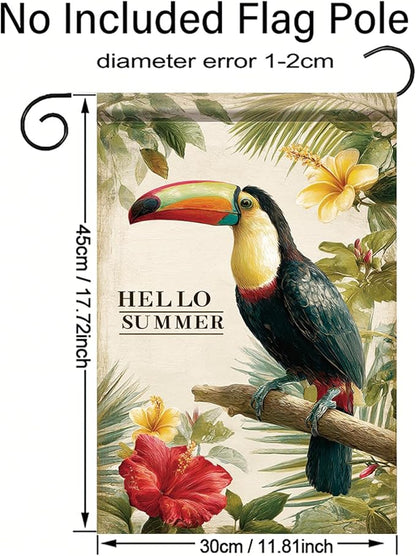 Hello Summer Garden Flag Tropical Toucan Bird Floral Leaves Outdoor Yard Porch Lawn Garden Decor for Beach Patio Cottage Farmhouse Seasonal Summer Home Display