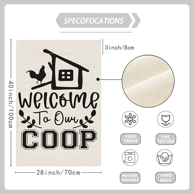 Black Chicken Welcome to Our Coop Large House Flag Burlap 28X40 Inch Vertical Double Sided Outside Yard Holiday Outdoor Farmhouse Decoration