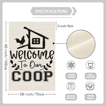 Black Chicken Welcome to Our Coop Large House Flag Burlap 28X40 Inch Vertical Double Sided Outside Yard Holiday Outdoor Farmhouse Decoration