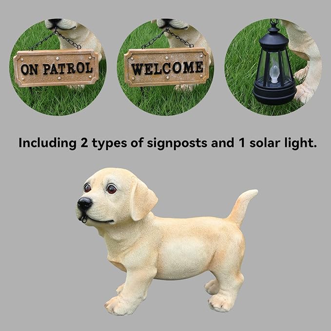 Labrador Dog Garden Statue with Solar Lantern & Interchangeable Welcome/On Patrol Sign, Cute Puppy Outdoor Decor Resin Animal Figurine for Yard, Patio, Lawn, Porch, Gifts for Dog Lovers