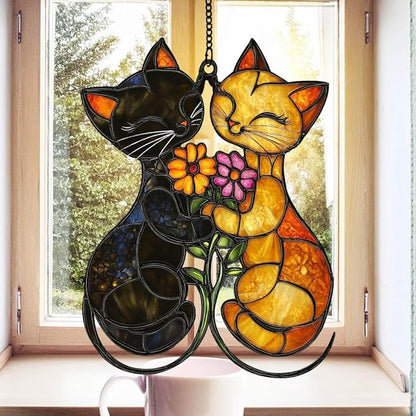 Cat Couple with Flower Acrylic Suncatcher, Flower Suncatchers for Window Hangings, Stained Glass Effect Garden Decor, Gift for Mother's Day, Mom, Grandma, Wife, Women