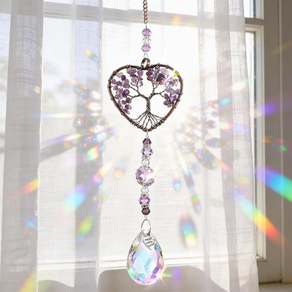Molain Tree of Life Crystal Suncatcher, Hanging Purple Sun Catcher for Windows Elegant Purple Sun Catcher Crystals Ornament Heart Shaped Crystal Ball Prism Drop Pendant for Garden Decor Crystal Gifts