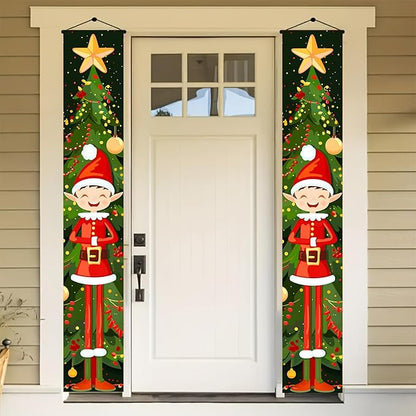 BlissYard Christmas Elf Door Banner 71x12 inch Christmas Tree Hanging Porch Banner Cute Holiday Decorations for Kids Front Door Xmas Party Fireplace Entryway Wall Decor Outdoor Sign