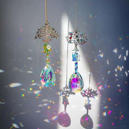 Crystal Suncatchers Window Crystals Hanging Suncatcher Colorful Glass Beads Chain Wind Chimes for Garden Outdoor Pendant Home Decor Gifts (2Pack- Tree of Life)