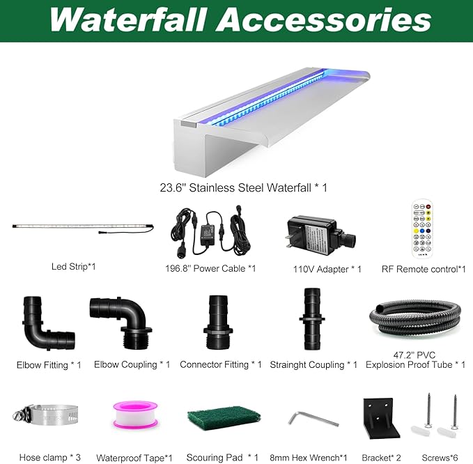LONGRUN 60cm Pond Waterfall Blade,Stainless Steel Pool Fountain with RGB Bluetooth LED Light, Complete Waterfall & Stream Kits for Outdoor Water Features