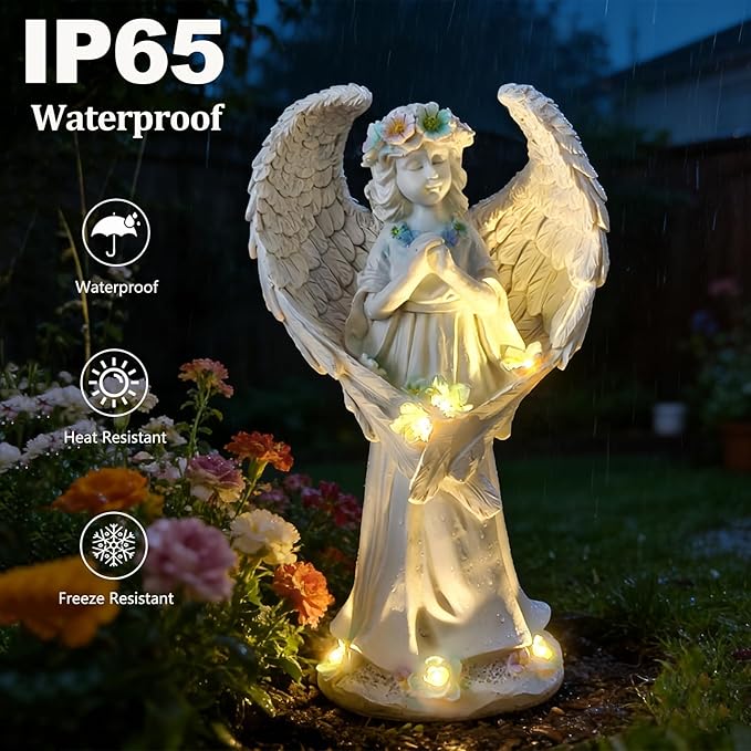 VEEKI Solar Angel Garden Statue Outdoor, Praying Angel Statues Solar Figurine Lights Outdoor Waterproof, Resin Angel Sculpture for Garden Yard Lawn Grave Cemetery Decor, Gift for Mom Grandma Women