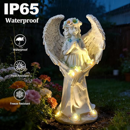 VEEKI Solar Angel Garden Statue Outdoor, Praying Angel Statues Solar Figurine Lights Outdoor Waterproof, Resin Angel Sculpture for Garden Yard Lawn Grave Cemetery Decor, Gift for Mom Grandma Women