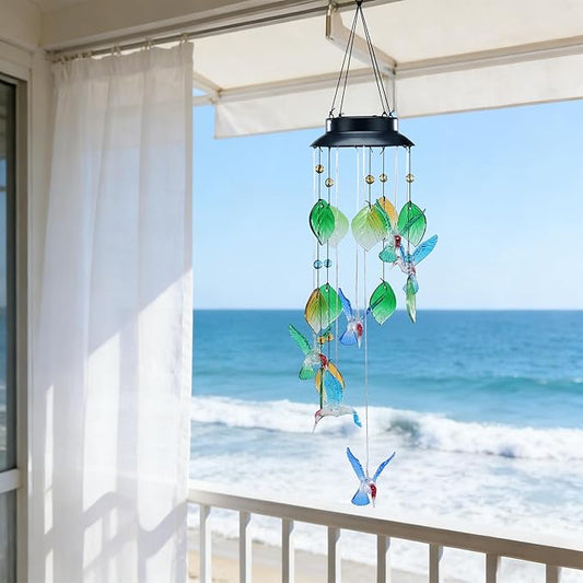 Colorful Hummingbird Wind Chimes with Solar-Powered Flashing Lights, 13 Inch Colorful Shell Hanging Decor for Outdoor Garden Patio Yard Home Indoor Outdoor Wall Window Decor