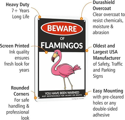 SmartSign Funny Beware Of Flamingos Warning Sign - 10"x7", 40 mil Laminated Rust-free Aluminum - Metal Signs for Women Bedroom, Outdoors, Yard, Patio, Gifts, Cafe - Pink Flamingos Theme, Made in USA