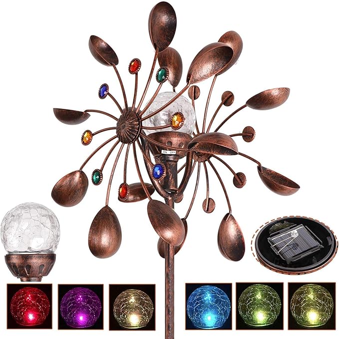 Solar Wind Spinner Multi-Color LED Lighting by Solar Powered Glass Ball with Kinetic Wind Aculptures Dual Direction Decorative Lawn Ornament Wind Mill.