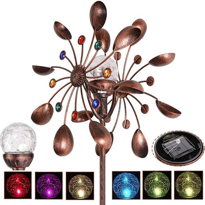 Solar Wind Spinner Multi-Color LED Lighting by Solar Powered Glass Ball with Kinetic Wind Aculptures Dual Direction Decorative Lawn Ornament Wind Mill.