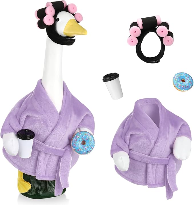 Porch Goose Outfits for 23 Inches Lawn Goose Statue, Purple Bathrobe Clothes with Hair Curlers, Coffee Cup & Donut Accessories for Funny Spa Yard Garden Patio Decor