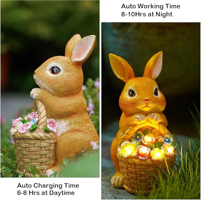 Garden Rabbit Statue Solar Light Outdoor Decorations Rabbit Figurine Light for Outdoor Patio Balcony Yard Porch Lawn for Women Mom Grandma Family Friend