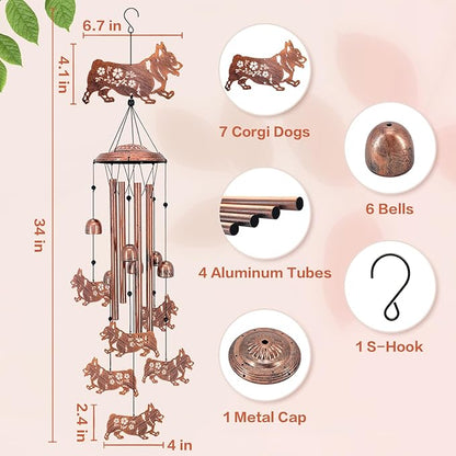 Corgi Dog Wind Chimes Outdoor Dog Gifts for Women Men Mom Gardening Birthday Gifts Metal Memorial WindChimes for Outside/Indoors, Lawn, Patio, Yard Art, Garden Decor, Yard Decorations