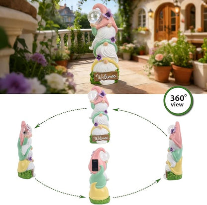 Garden Gnome Statues Solar Lights, Waterproof Outdoor 3 Stacked Spring Gnomes Sculptures Birthday Gifts for Women Grandma 12 Inch Welcome Sign Porch Decor