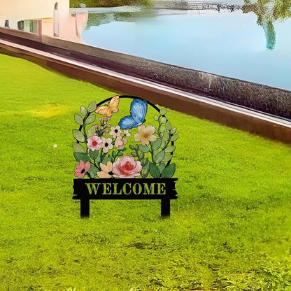 Decorative Garden Stakes, Welcome Yard Sign, Metal Arrangement Ornaments for Courtyard Lawn, Rusty Outdoor Decortions for Easter Housewarming (B)