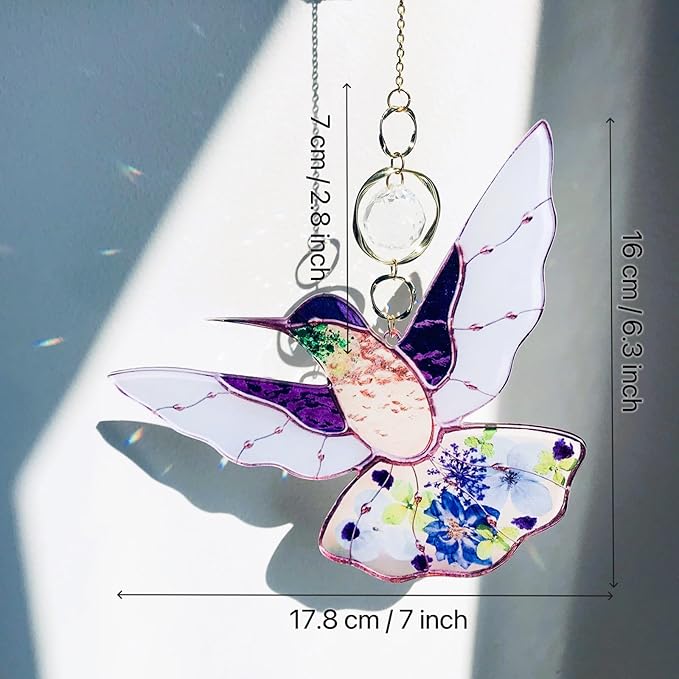 Purple Acrylic Hummingbird Flowers Garden Suncatcher Window Hanging Crystal Prism Rainbow Maker Sun Catcher Ornaments Birthday Christmas Thanksgiving Gifts for Mom Grandma Sister Bird Lovers