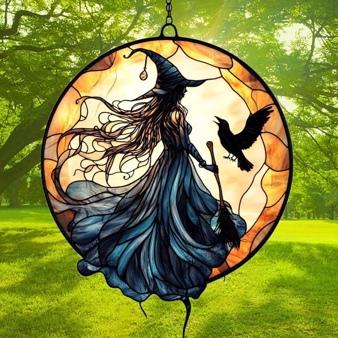 Witch Faux Mosaic Acrylic Suncatcher Stained Glass Effect Window Car Hanging Christmas Ornament Indoor Outdoor Decor Garden Sun Catcher Panel for Acrylic Suncatcher Lover for Women Mom Grandma