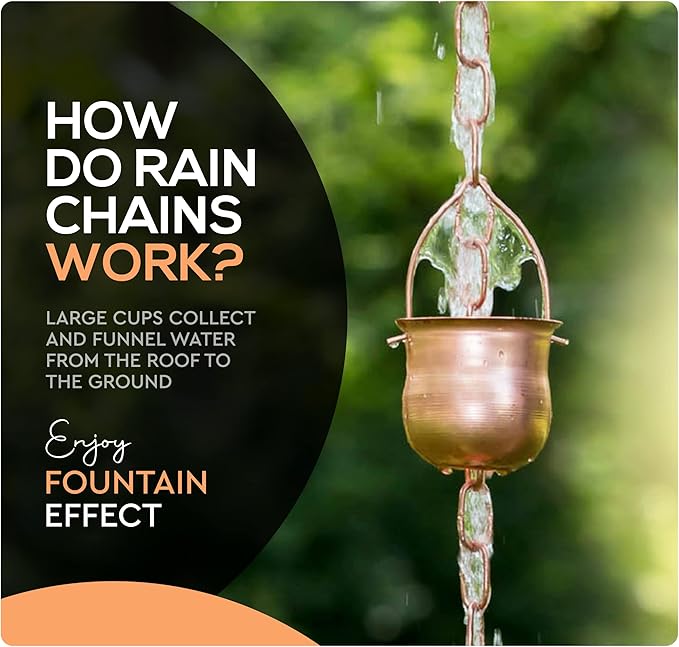 Copper Rain Chain – Decorative Chimes & Cups Replace Gutter Downspout & Divert Water Away from Home for Stunning Fountain Display – 3’ Long for Universal Fit – Pot Style…