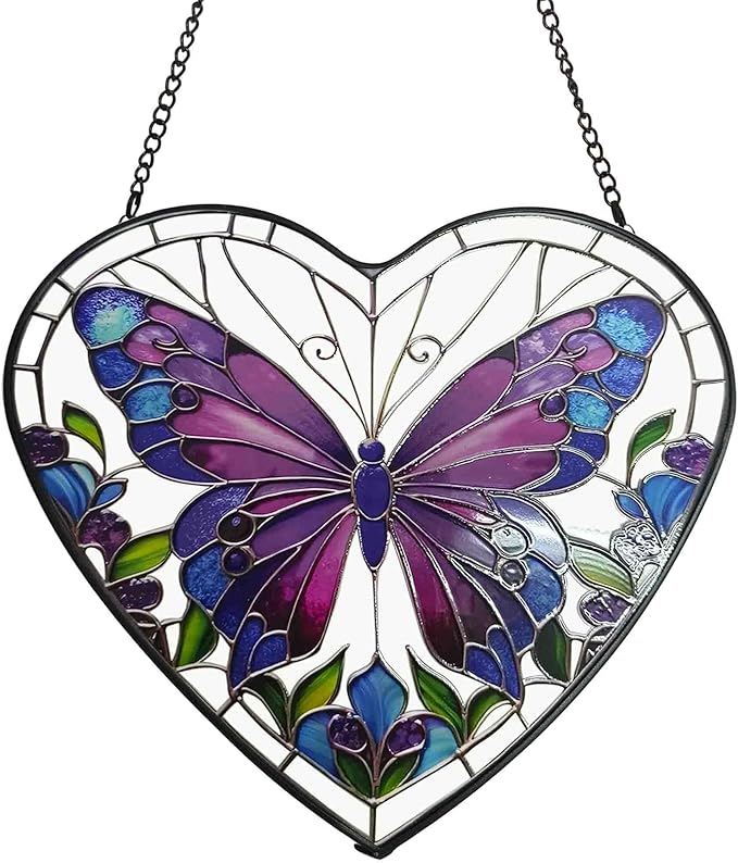 Butterfly Stained Glass Window Hanging, Blue-Purple Butterfly Suncatcher Window Wall Garden Decor with Chain, Heart Suncatchers Gift for Women, Mom, Wife, Aunt, 7.9 in