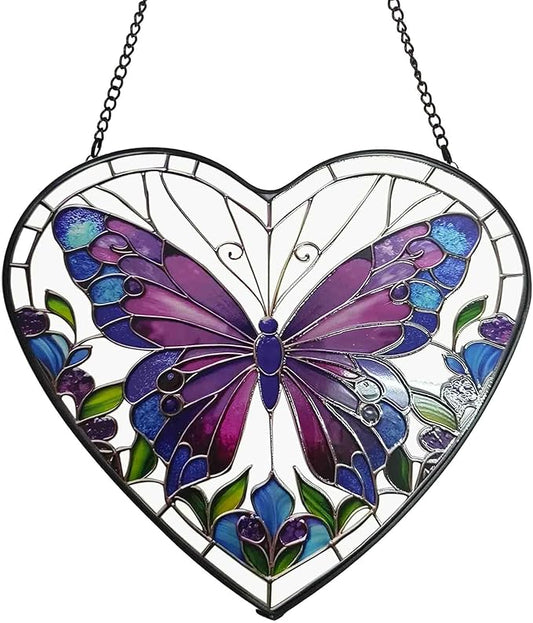 Butterfly Stained Glass Window Hanging, Blue-Purple Butterfly Suncatcher Window Wall Garden Decor with Chain, Heart Suncatchers Gift for Women, Mom, Wife, Aunt, 7.9 in