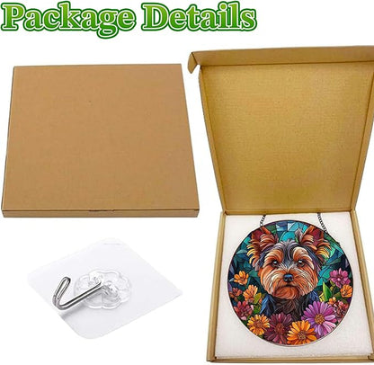 Yorkshire Terrier Stained Glass Suncatcher Dog Yorkie in Flowers Handmade Window Hangings Colored Glass Suncatcher Crafts Kits for Indoor Garden Home Decor Gift for Pet Lover Memorial (6.3in)