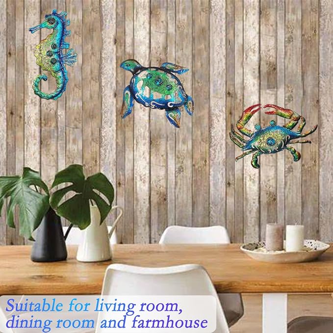 Weibefee Metal Sea Turtle Seahorse Crab Beach Themed Bathroom Wall Art Mother's Day Decor, Ocean Themed Wall Mother's Day Decorations Gift for Home Bathroom,10 Inch, Set of 3…