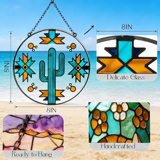 8" Sun Catcher Stained Glass Stained Glass Window hangings - Saguaro Cactus Navajo Geometric Design - Southwest Desert Style Decor for Home & Porch